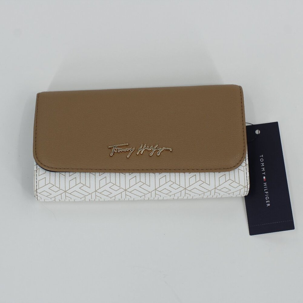 Tommy Hilfiger Camel & White Geometric Pattern‎ Flap Wallet - Gold Logo - NWT